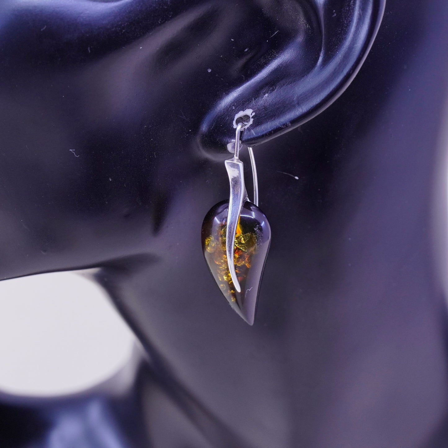 Vintage sterling 925 silver handmade Amber earrings, leaf with honey Amber