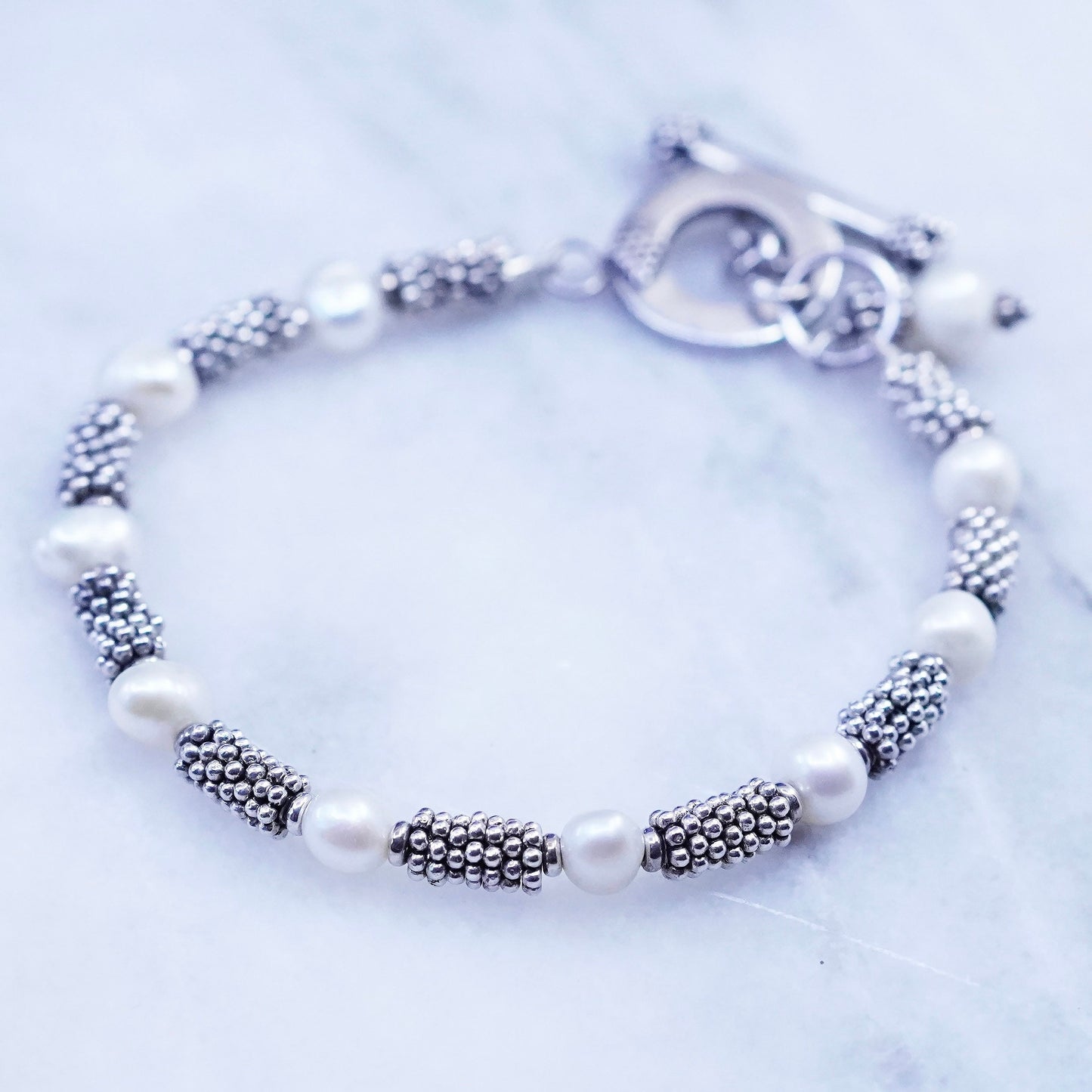 7”, vintage Sterling 925 silver handmade bracelet with freshwater pearl beads