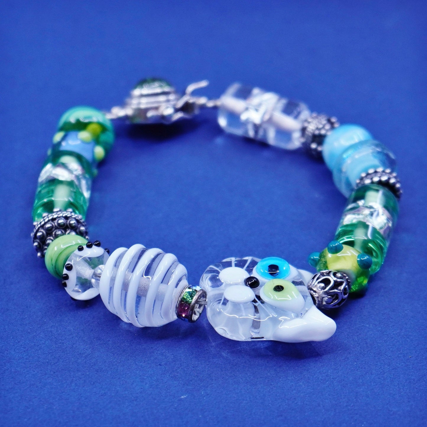 6.25”, Sterling 925 Silver handmade Lampwork Art Glass cat Toggle Bracelet