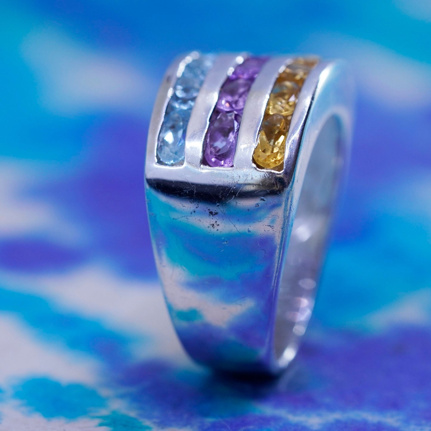 Size 8.5, vtg Sterling silver handmade ring, 925 band amethyst sapphire citrine