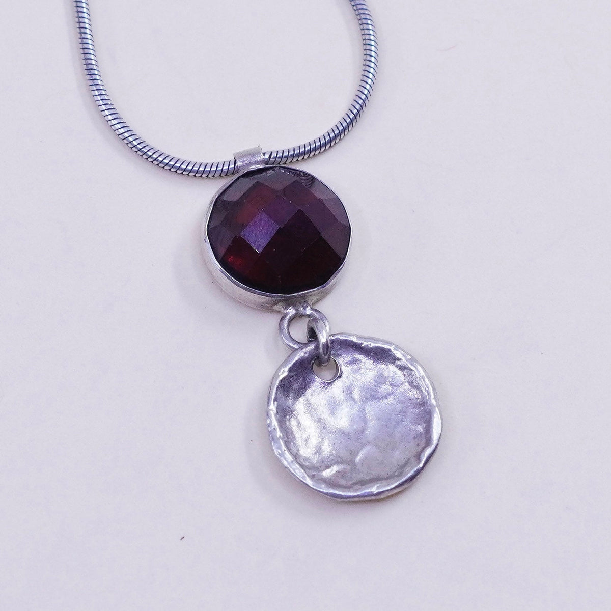 16” silpada 925 Sterling Silver snake Chain Necklace circle disc garnet Pendant