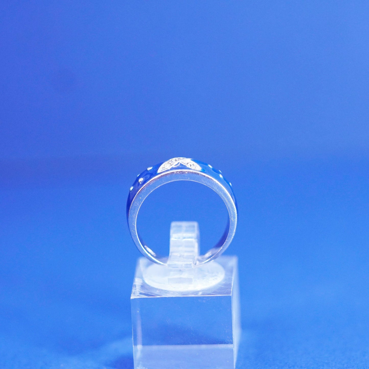 Size 7, vintage Sterling silver handmade ring, 925 blue enamel band W flower Cz