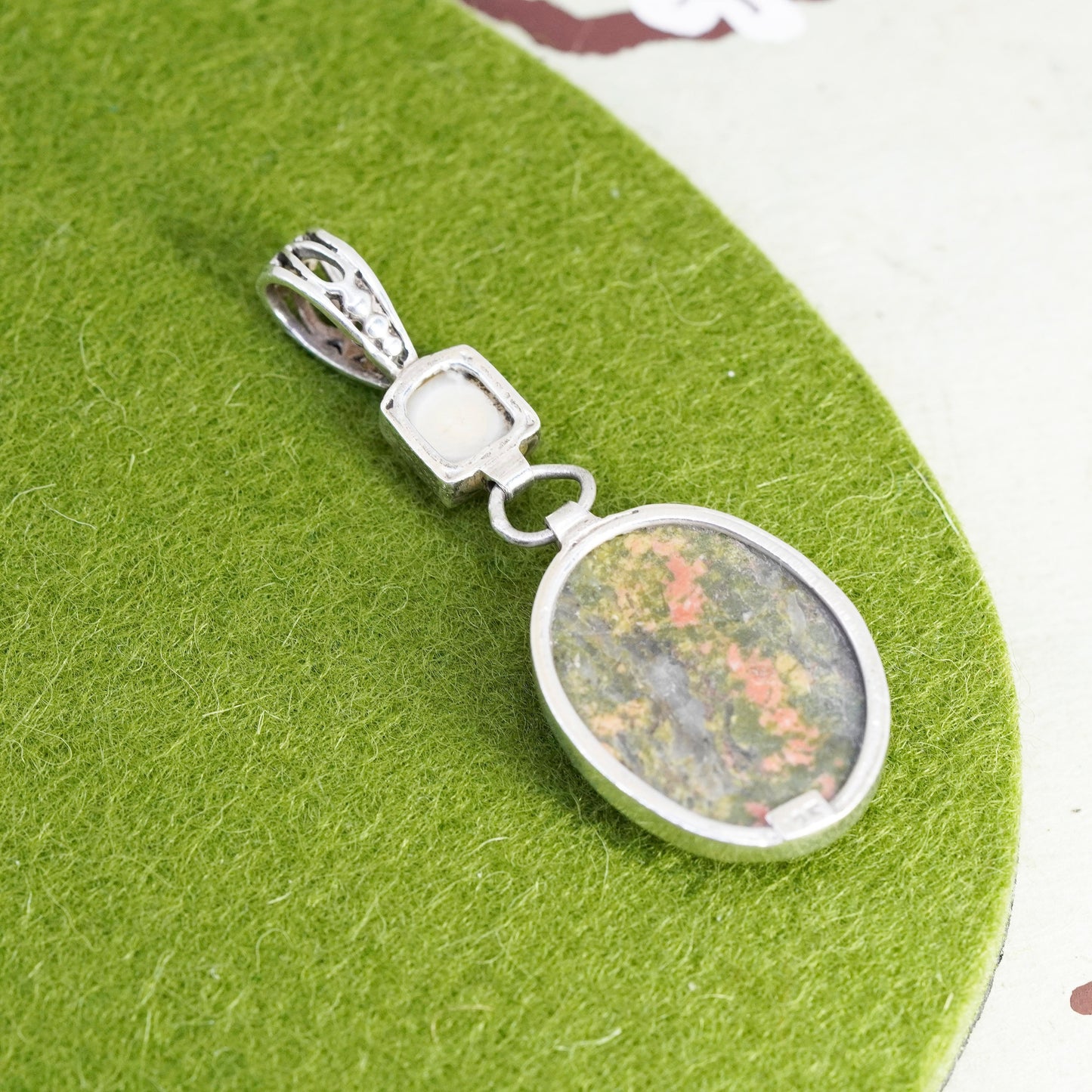Vintage Sterling silver handmade pendant, oval Australian jasper with pearl