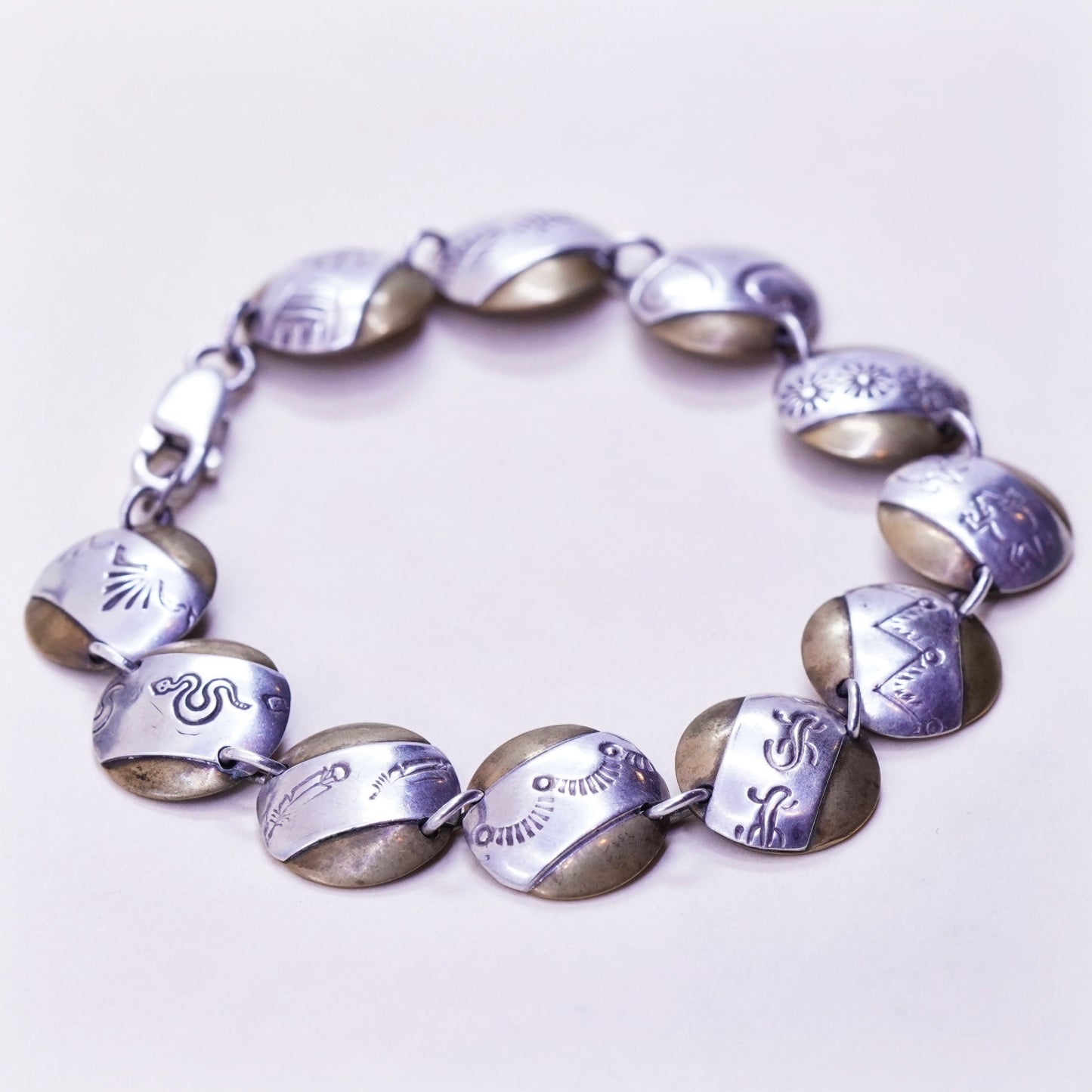 6.5”, Native American sterling 925 silver handmade circle disc charm bracelet