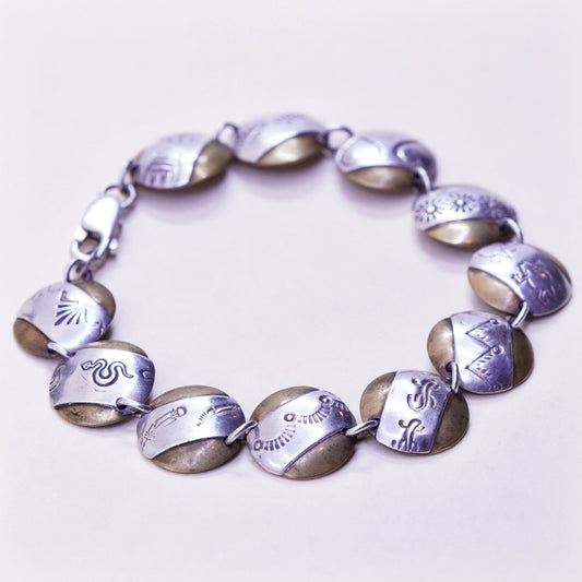 6.5”, Native American sterling 925 silver handmade circle disc charm bracelet
