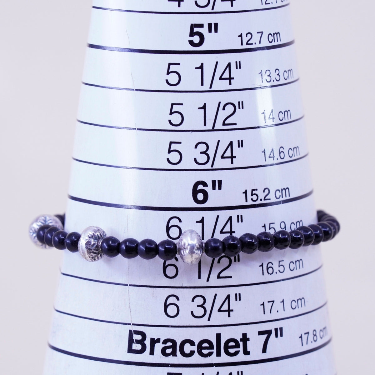 6.25”, Vintage Sterling 925 silver bracelet with obsidian beads
