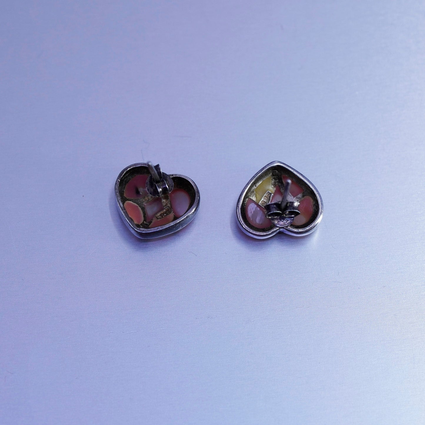Vintage Sterling 925 silver earrings, heart studs with pink mother of pearl