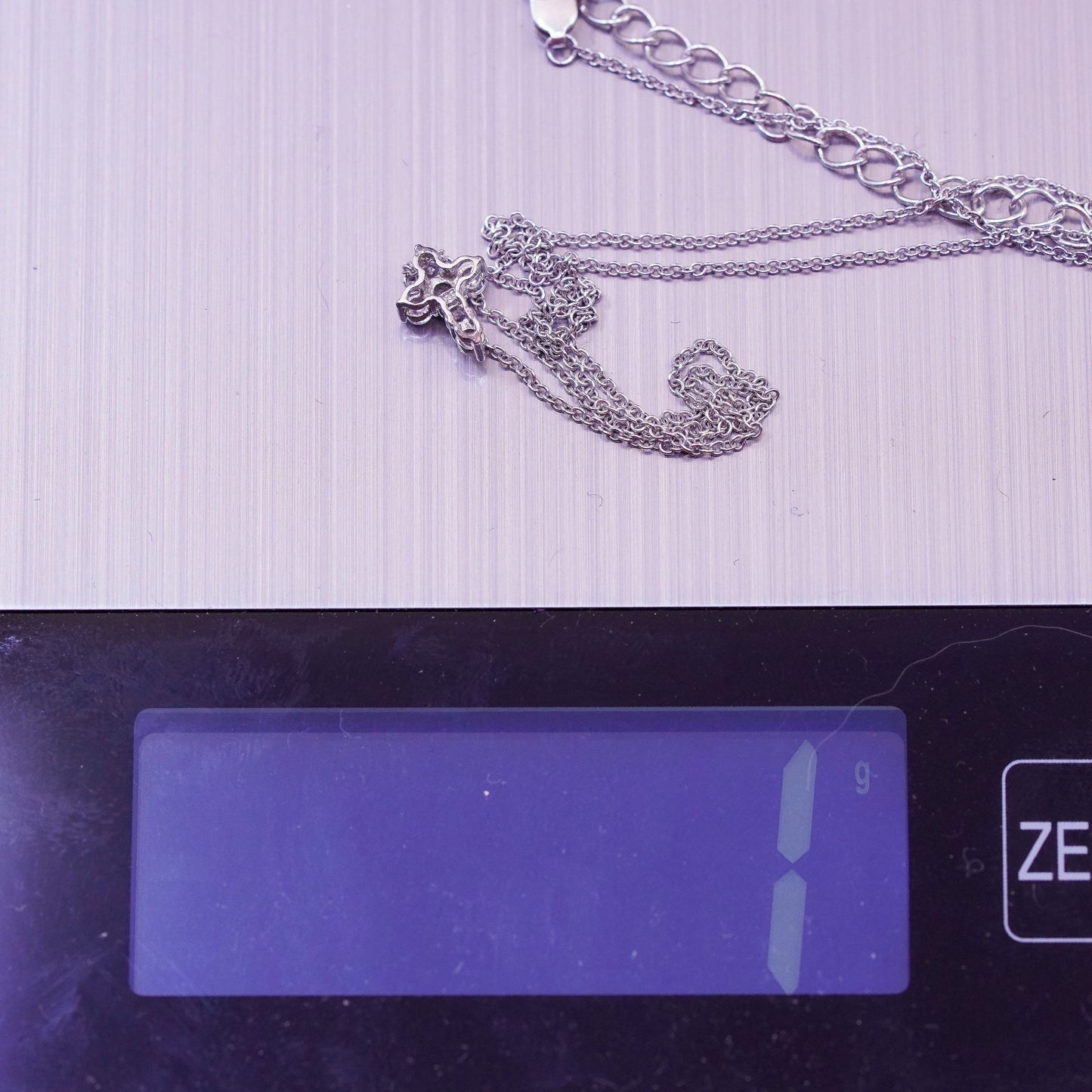 16+2”, Vintage sterling silver circle chain with cz cross pendant, necklace