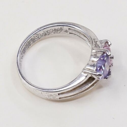 Sz 6 Vtg Sterling Handmade Ring, 925 Double Heart W/ Pink N Amethyst Cz
