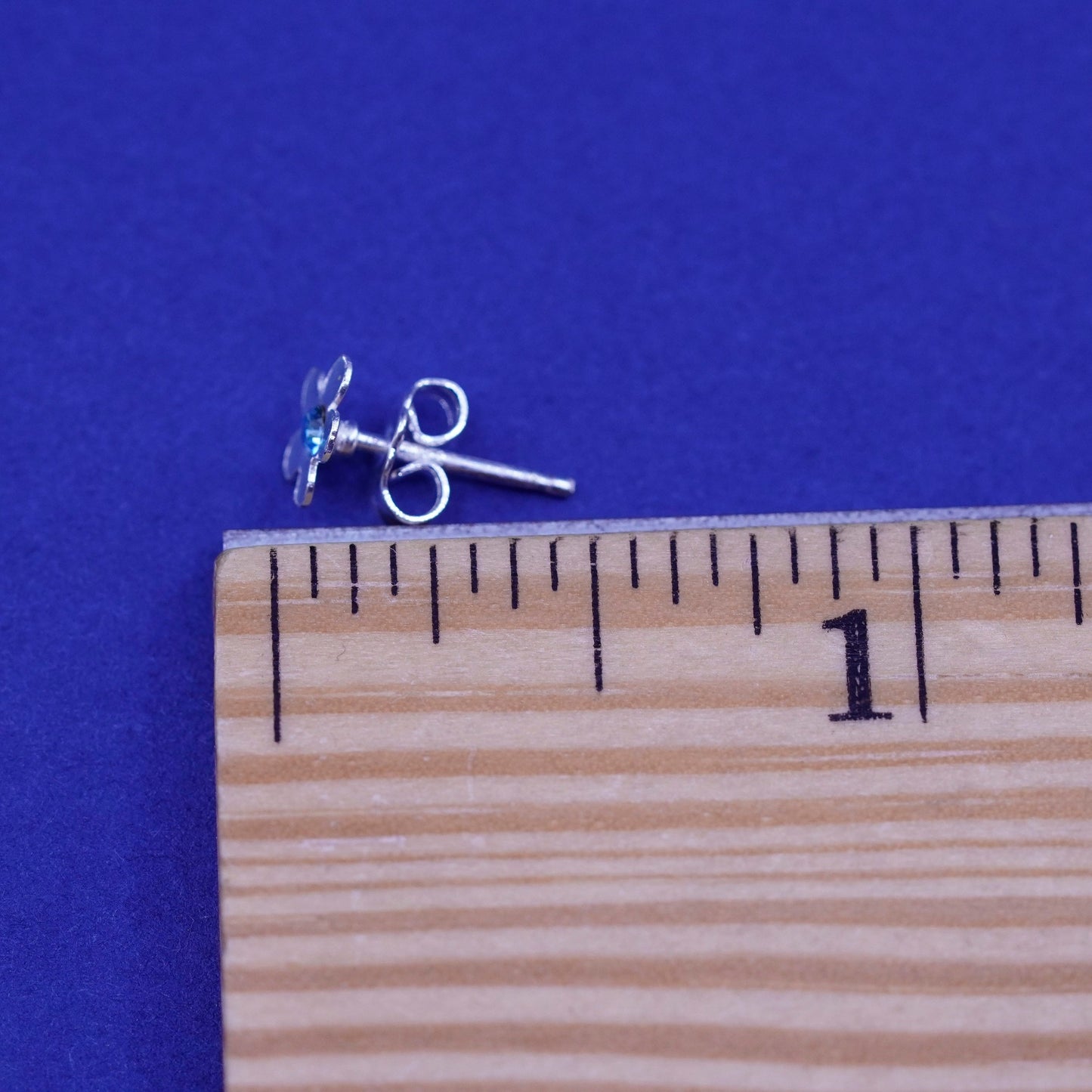 5mm, Vintage sterling silver handmade earrings, 925 flower studs with blue cz