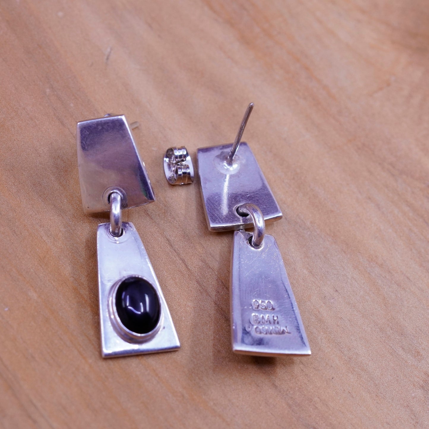 Vintage Mexico BMH handmade sterling 925 silver earrings with obsidian dangles