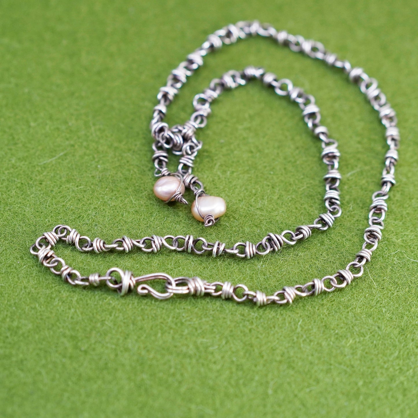 16”, vintage sterling 925 silver handmade necklace, circle chain with pearl