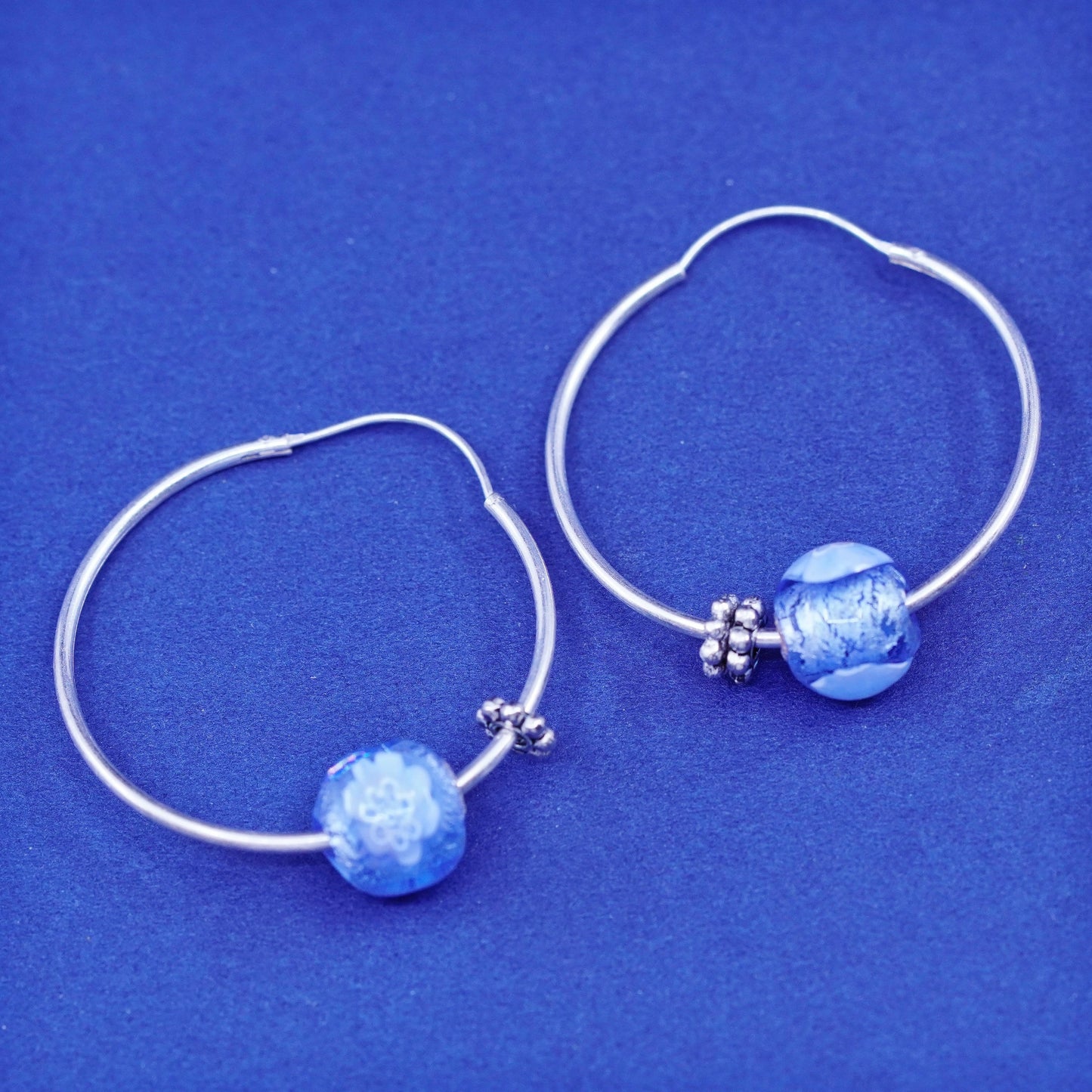 1.25”, Sterling silver handmade earrings, 925 hoops huggie with glass beads