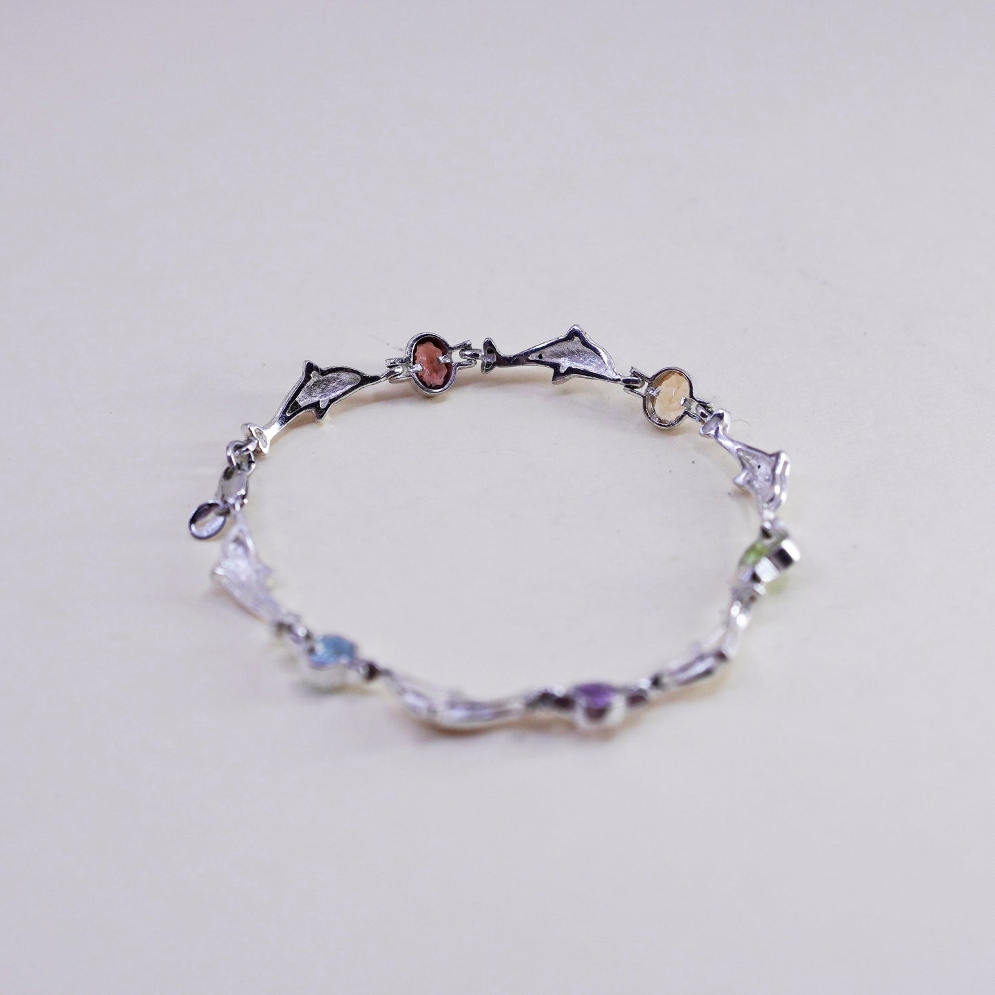 7”, Sterling silver handmade bracelet, 925 dolphin chain colorful gemstones