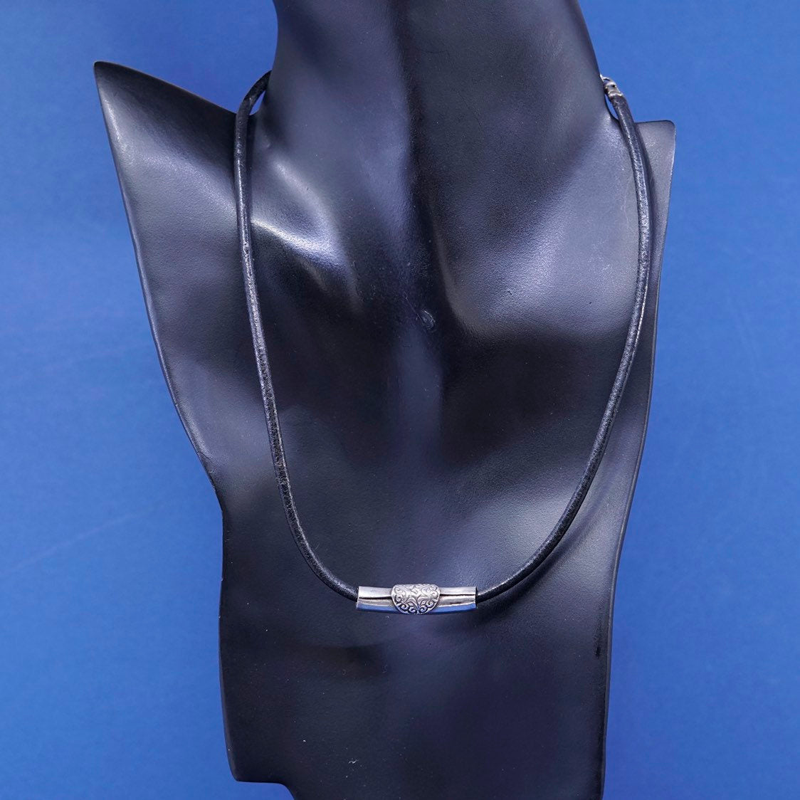 17” sterling 925 Silver necklace, Black Leather chain w/ 925 slide tube pendant