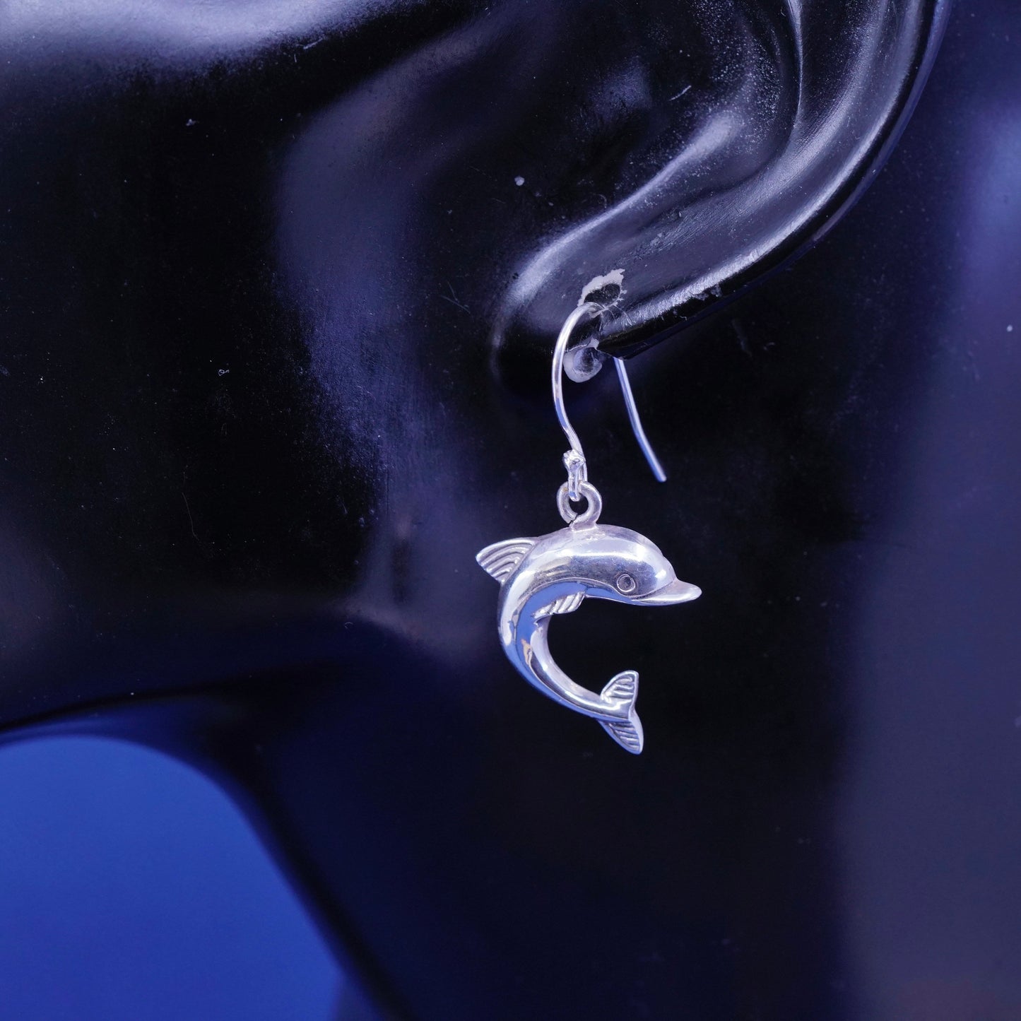Vintage Sterling silver handmade earrings, 925 dolphin dangles