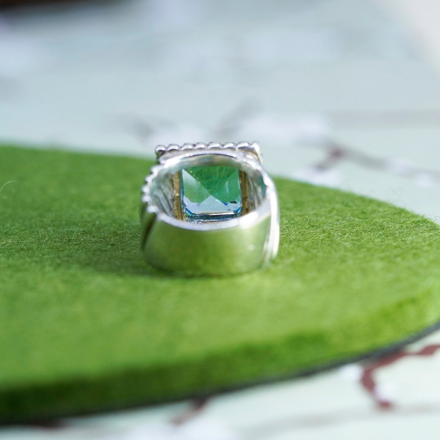 Size 6.5, Sterling silver statement ring, 925 ribbed band w/ square blue topaz