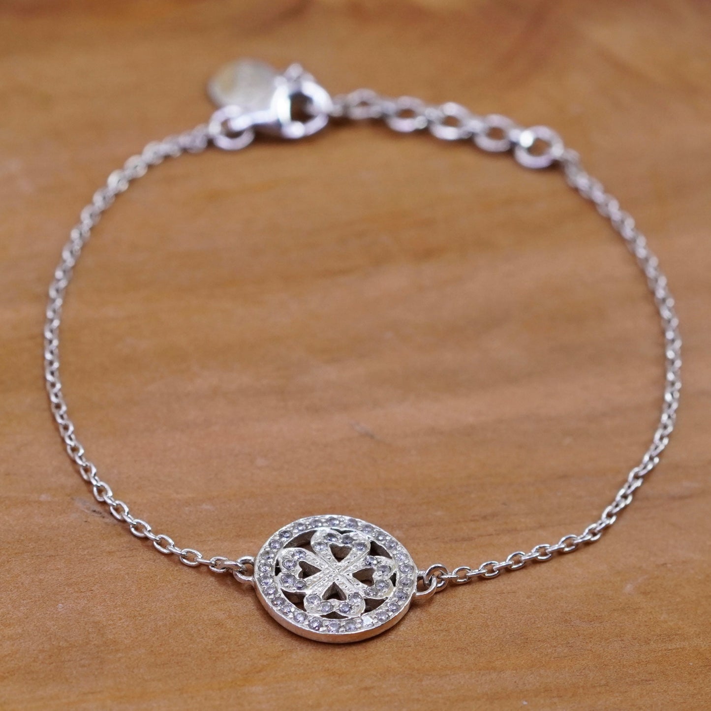 7”, Stella &Dot Sterling 925 silver circle chain bracelet lucky clover charm