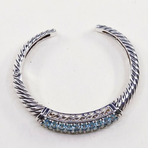 6.25”, Vintage Sterling Silver cuff, 925 Cable Bracelet W/ Blue Cz, stamped 925