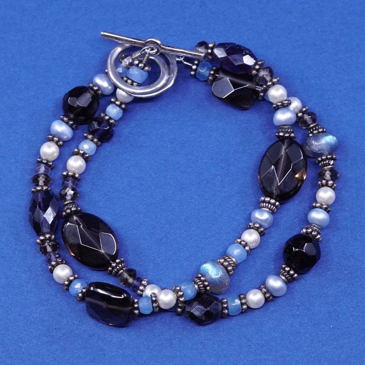 6.5", Sterling silver handmade bracelet, 925 clasp w/ topaz pearl N labradorite