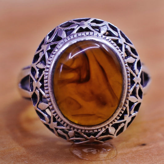 Size 6.25, vintage Sterling 925 silver handmade filigree ring with oval Amber