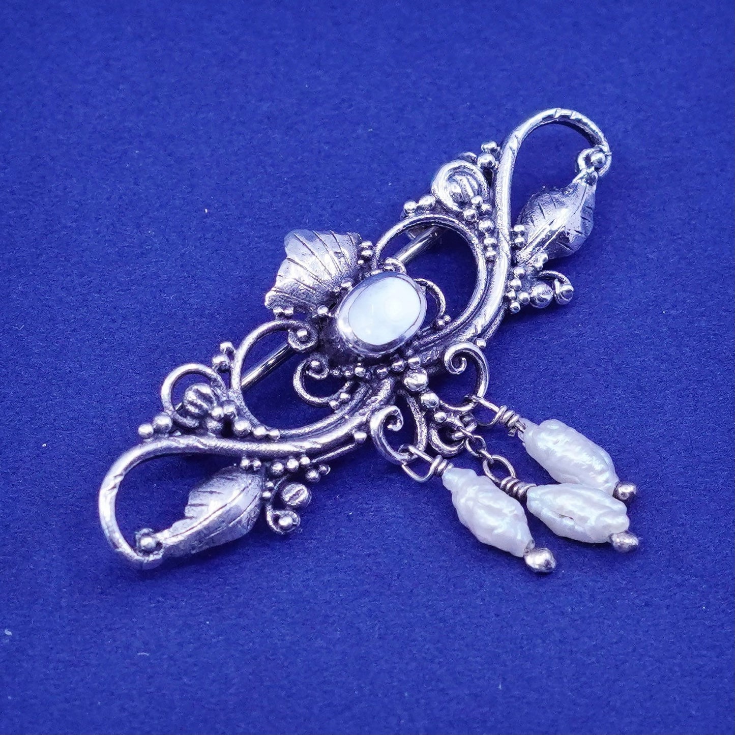 Sterling silver long brooch, 925 bali pin with mother of pearl and pearl charms