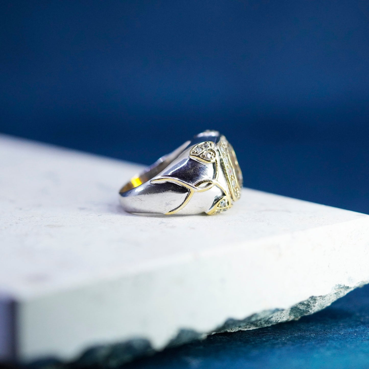 Size 7 vintage two tone Sterling 925 silver statement ring citrine white topaz