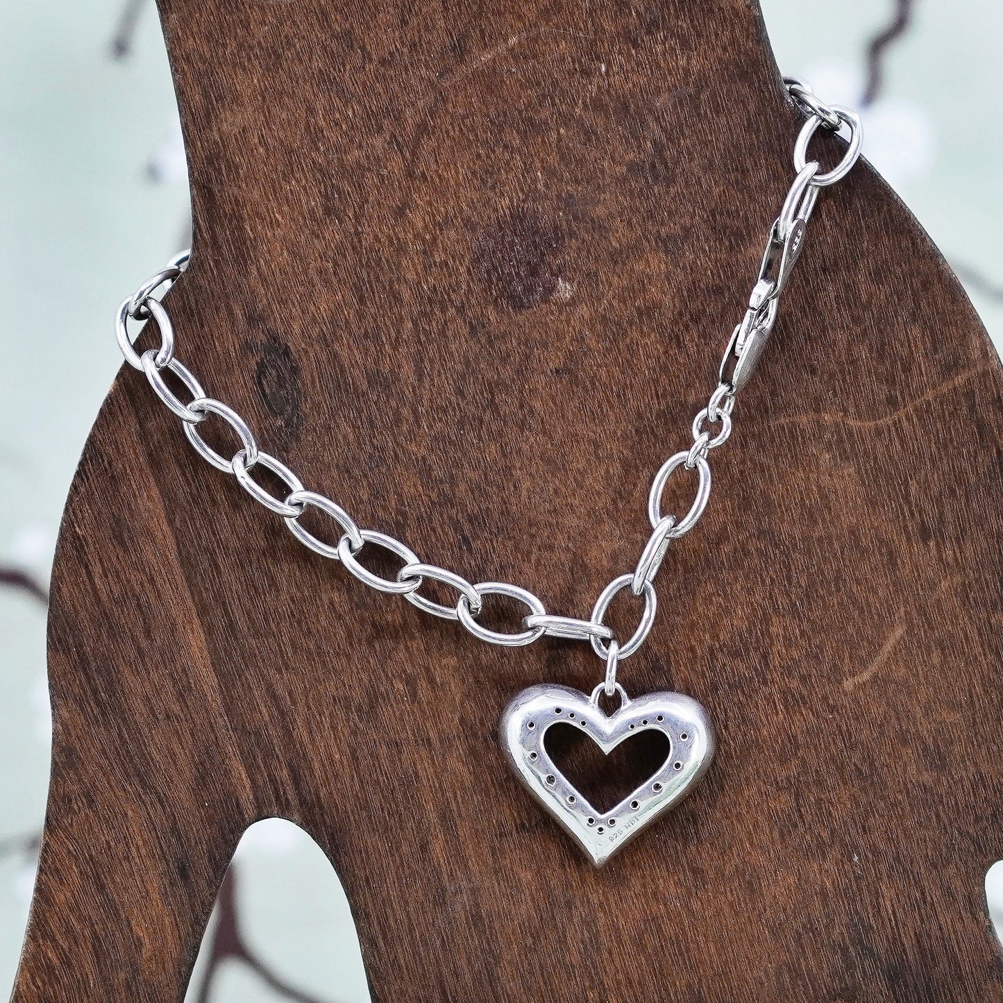 7”, sterling silver bracelet bold 925 circle chain heart charm cluster diamonds