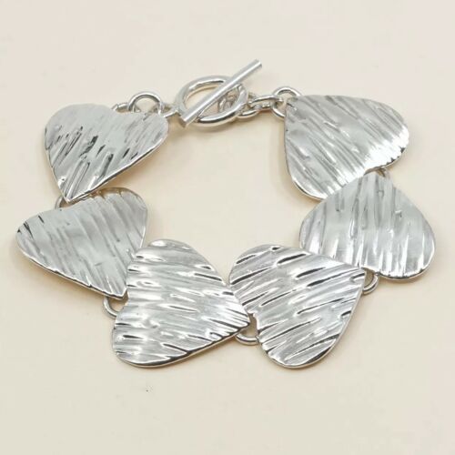 7”, Vintage Sterling Silver Handmade Bracelet, Italy 925 Bold Heart Link Chain