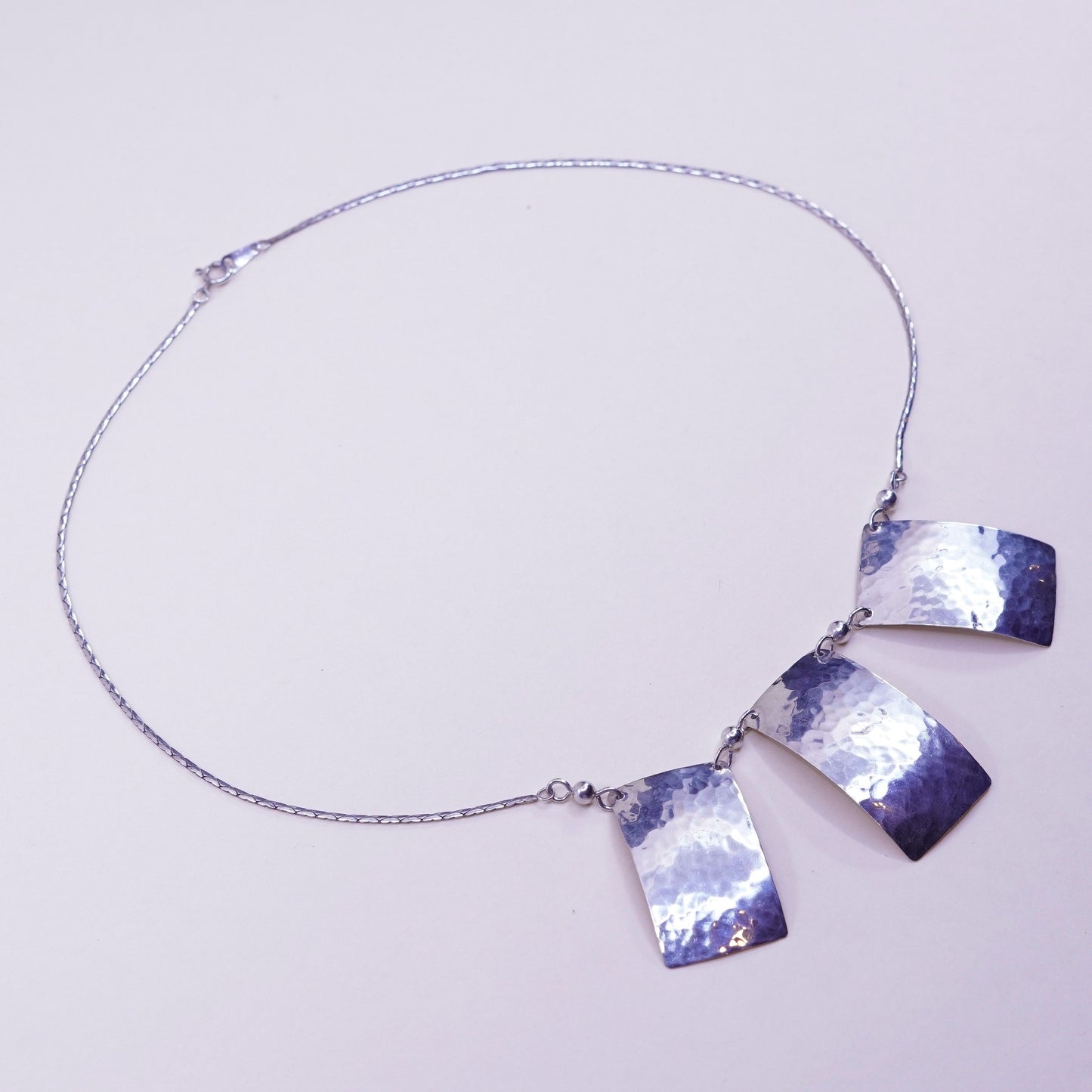 18”, Sterling silver necklace, 925 snake chain hammered rectangular pendant