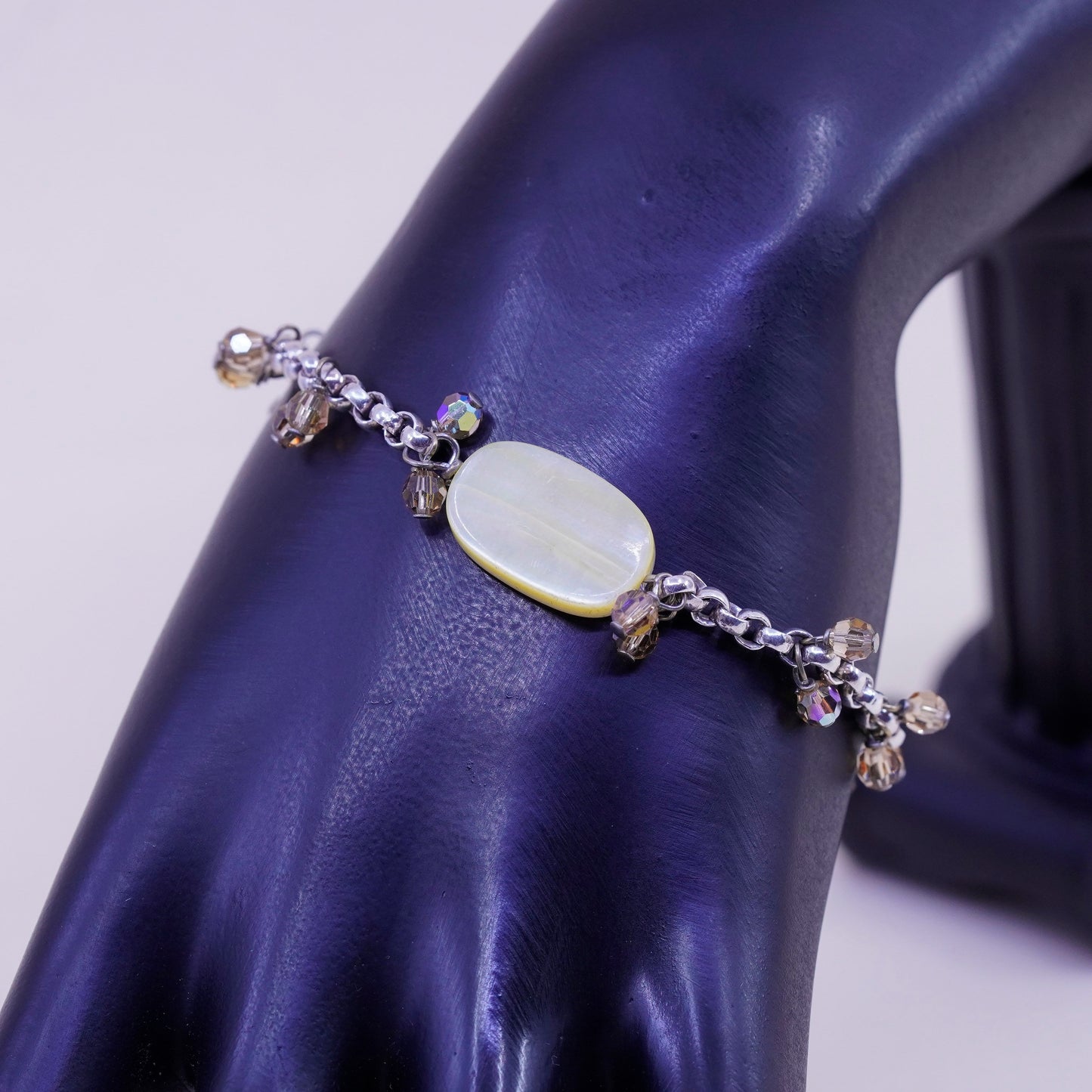 6.75”, Vintage KALAN sterling silver bracelet, 925 circle chain crystal charms