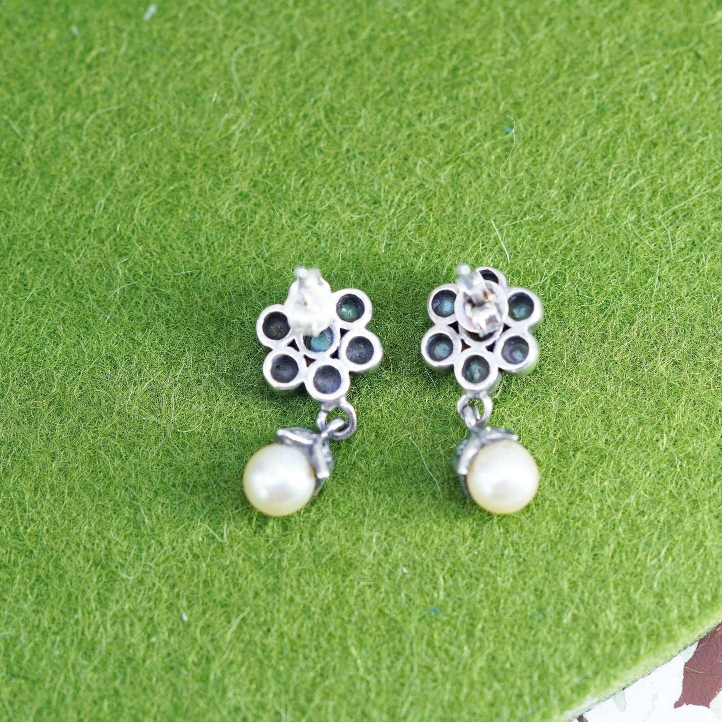 Native American Sterling 925 Silver Handmade flower earrings turquoise pearl cz