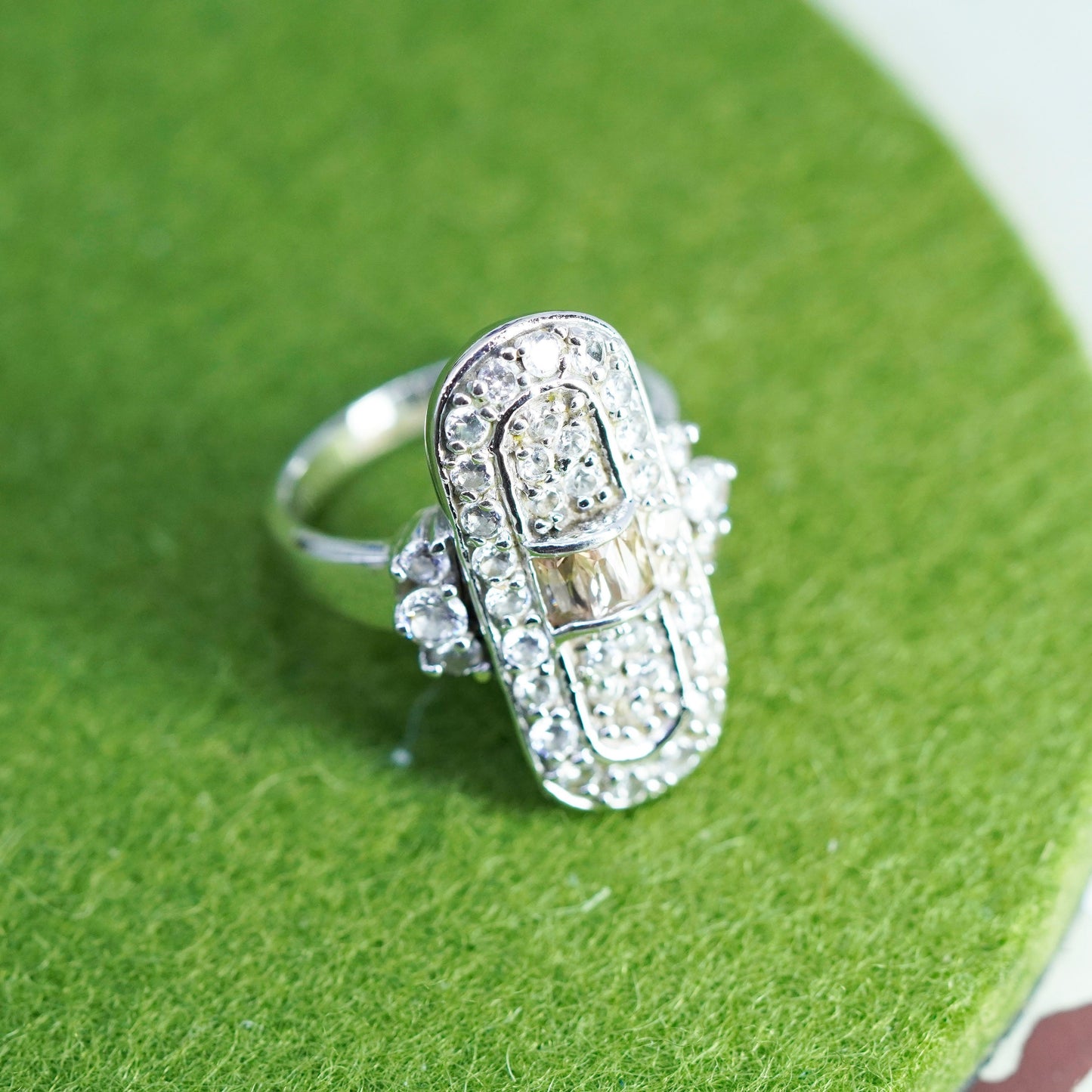 Size 7, vintage sterling 925 silver ring with cluster CZ, statement band