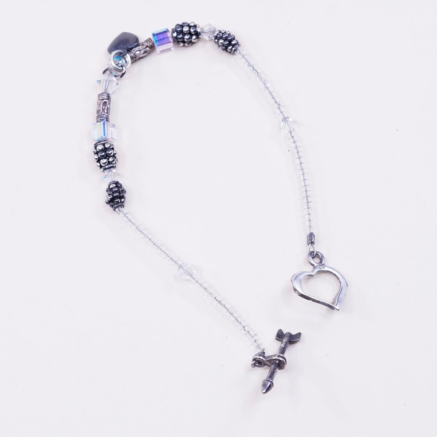 6.25”, Sterling silver handmade bracelet, 925 heart charm with clear crystal