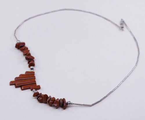 20”, Native American Sterling silver Bar Link necklace W/ Coral Long Bar Pendant