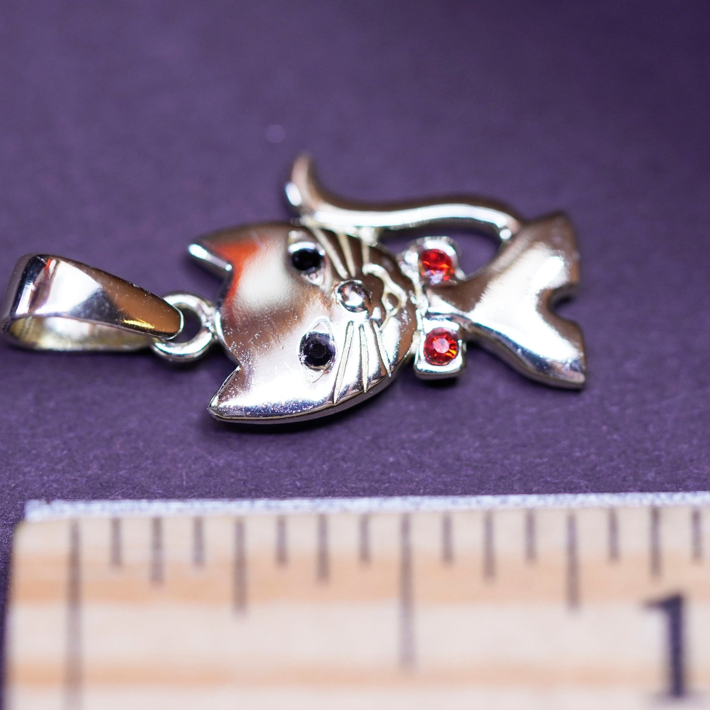 Vintage Sterling silver handmade pendant, 925 cat, kitty charm with crystal