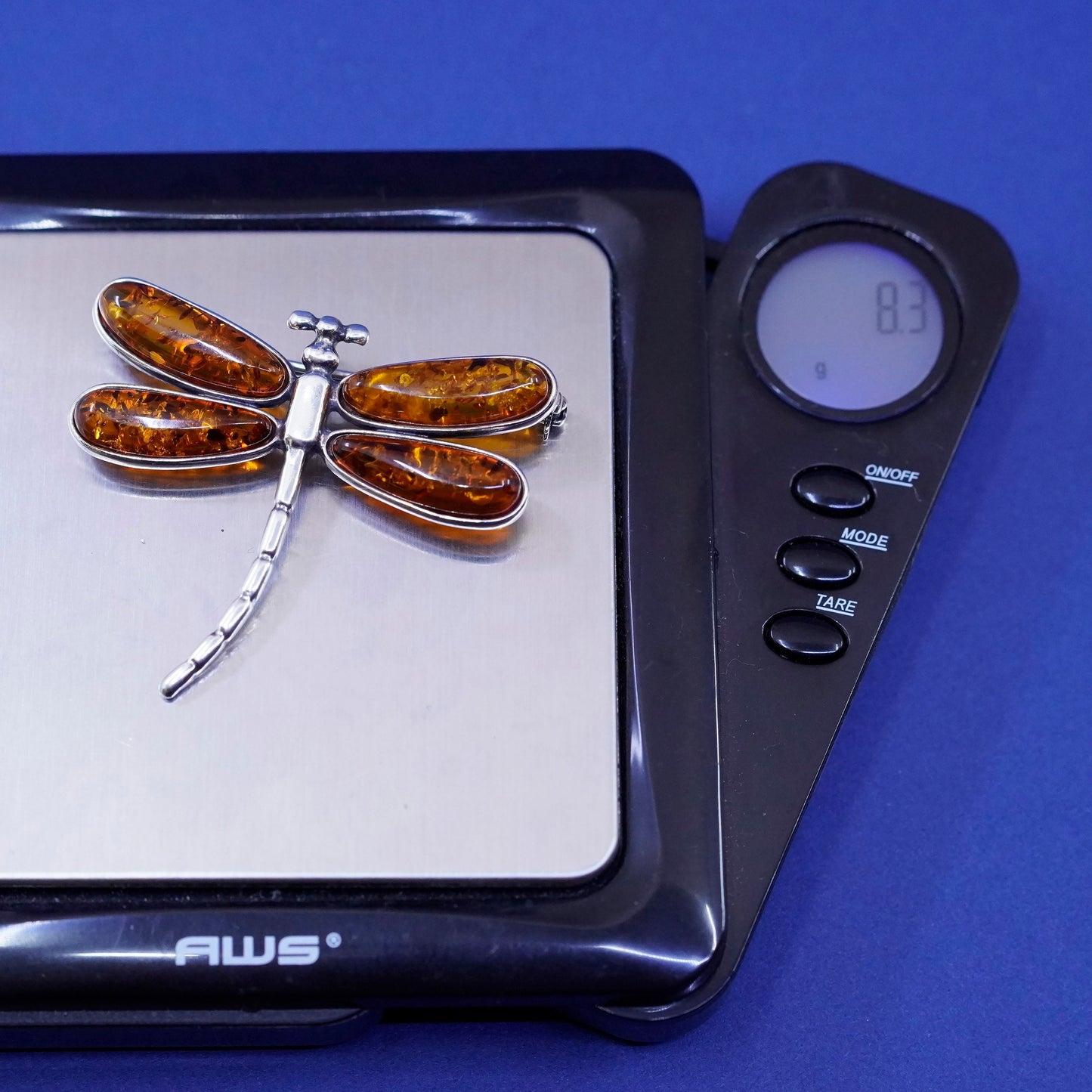 Vintage mexico Sterling 925 silver handmade dragonfly brooch with amber