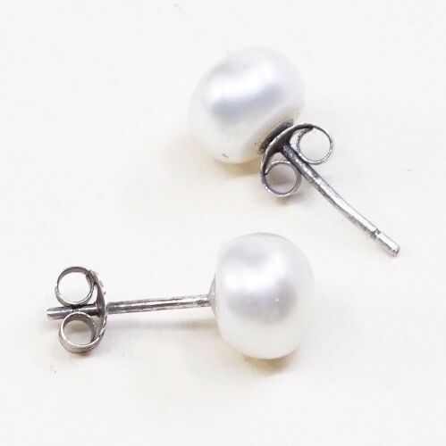 Vtg Handmade STERLING SILVER earrings with pearl Studs stamped 925