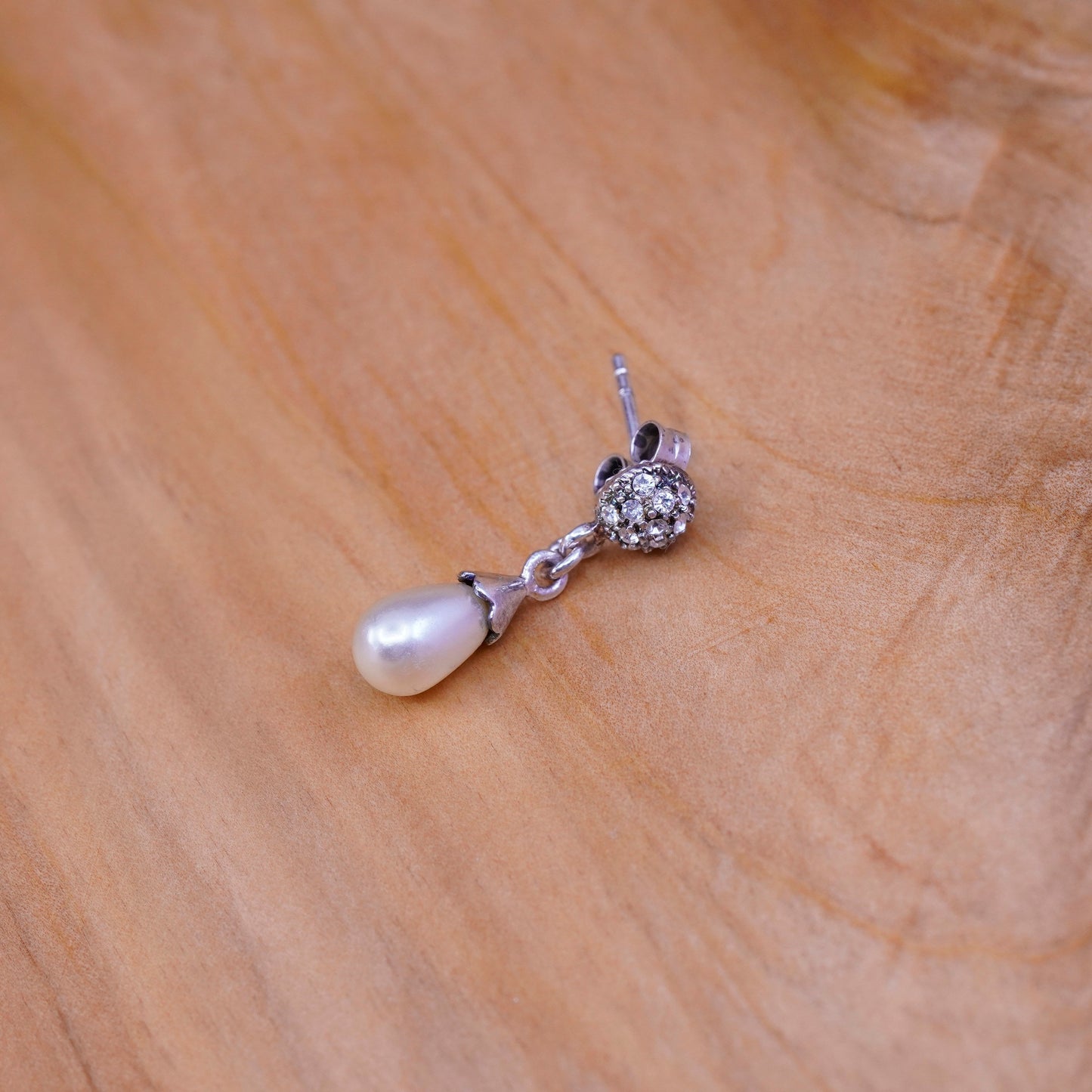 Vintage Sterling 925 silver handmade earrings with teardrop pearl and Cz