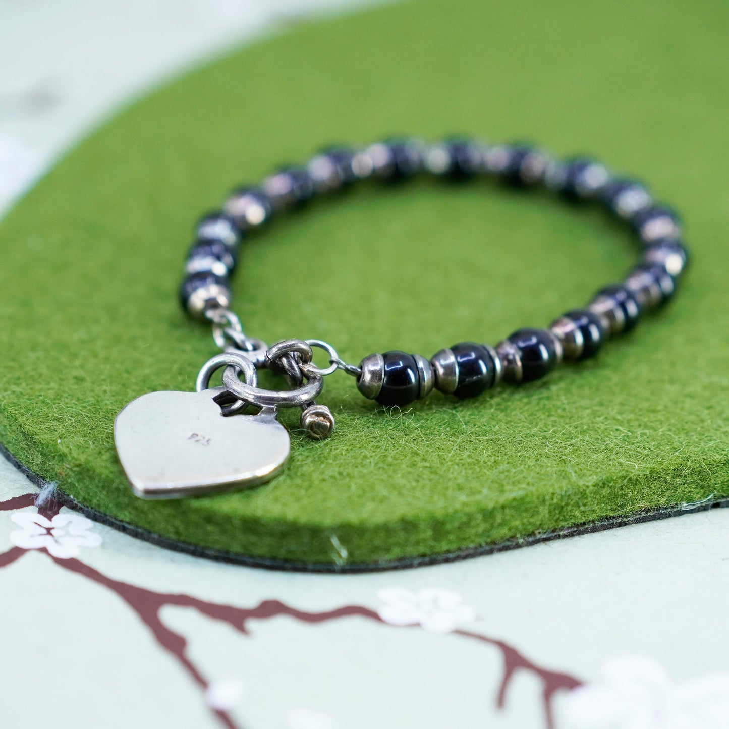 7”, Sterling 925 silver bracelet with obsidian bead chain and heart closure