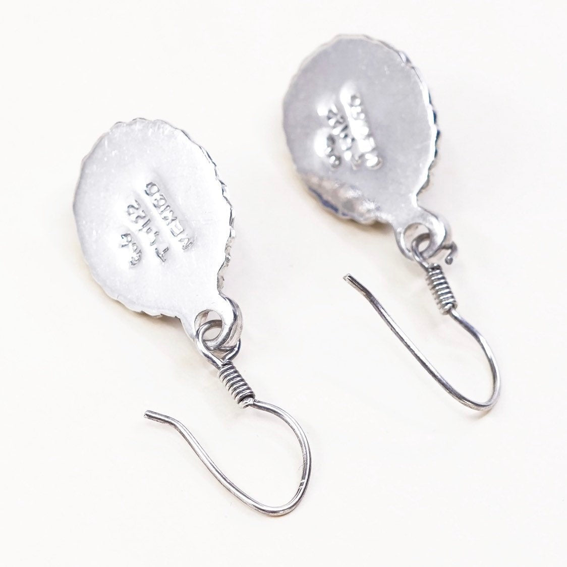VTG mexico Sterling 925 silver handmade earrings, w/ blue foiled artisan drops