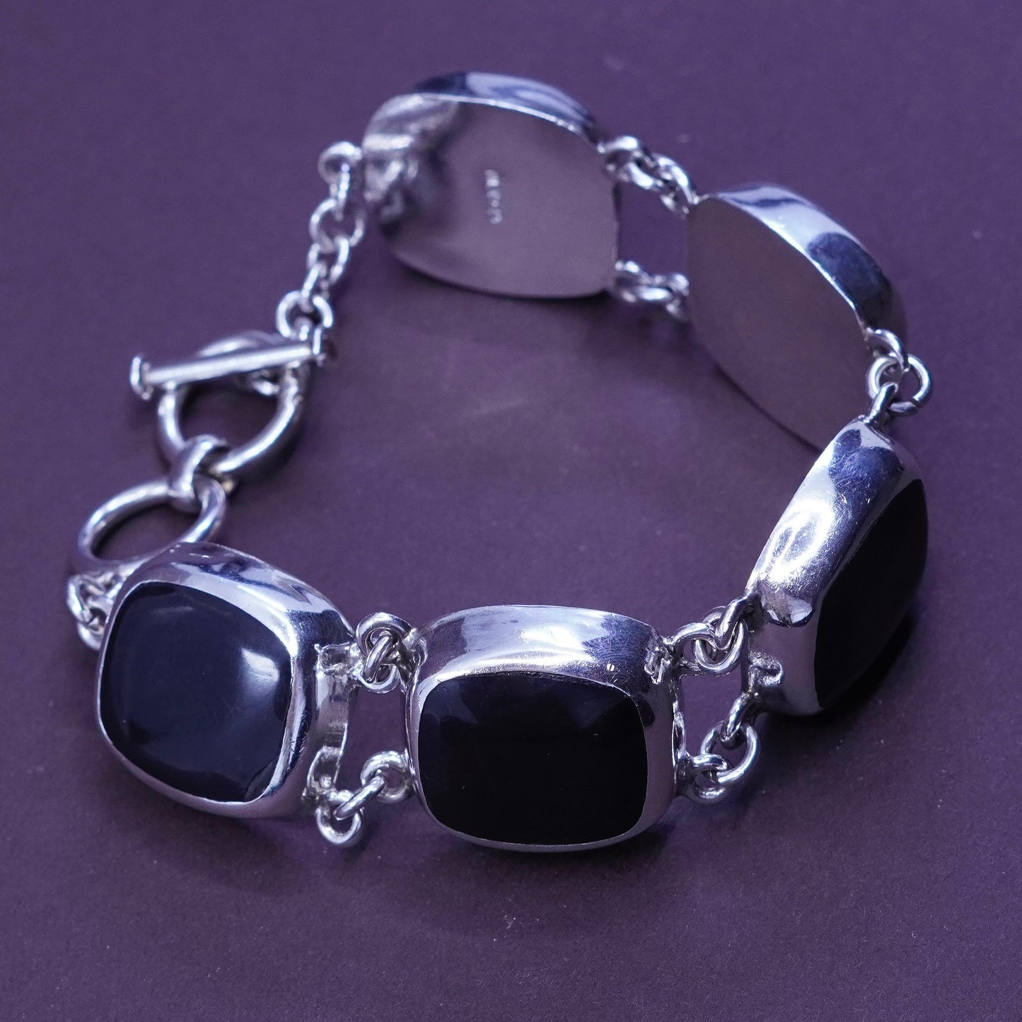 7.5+0.5”, vintage Sterling silver handmade bracelet, Mexico 925 w/ square onyx