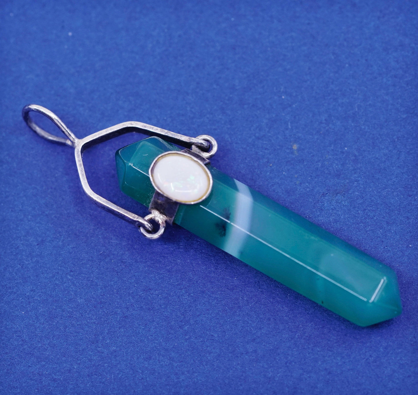 vtg handmade sterling silver charm, 925 healing crystal pendant Jade w/ opal