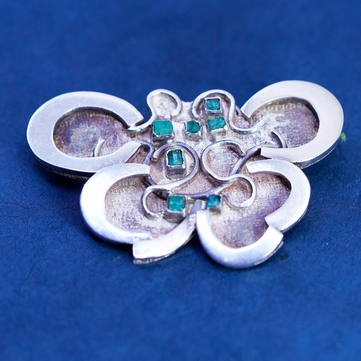 Vintage sterling silver handmade butterfly brooch, 925 pin pendant and emerald