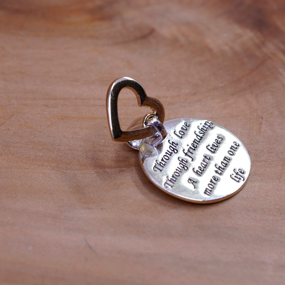vermeil Sterling silver quote pendant, 925 circle “love through friendship