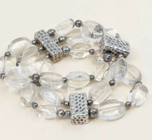 6.5”, Vtg Sterling 925 Silver Handmade Bead Bracelet W/ Crystal N Elastic Band
