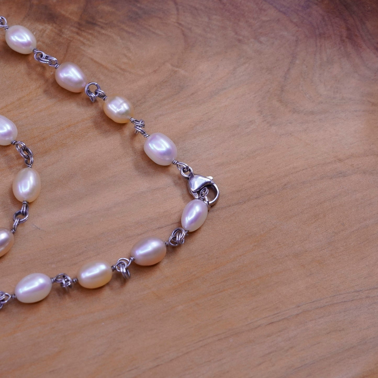 17”, vintage Sterling 925 silver handmade necklace with 6-8mm freshwater pearl