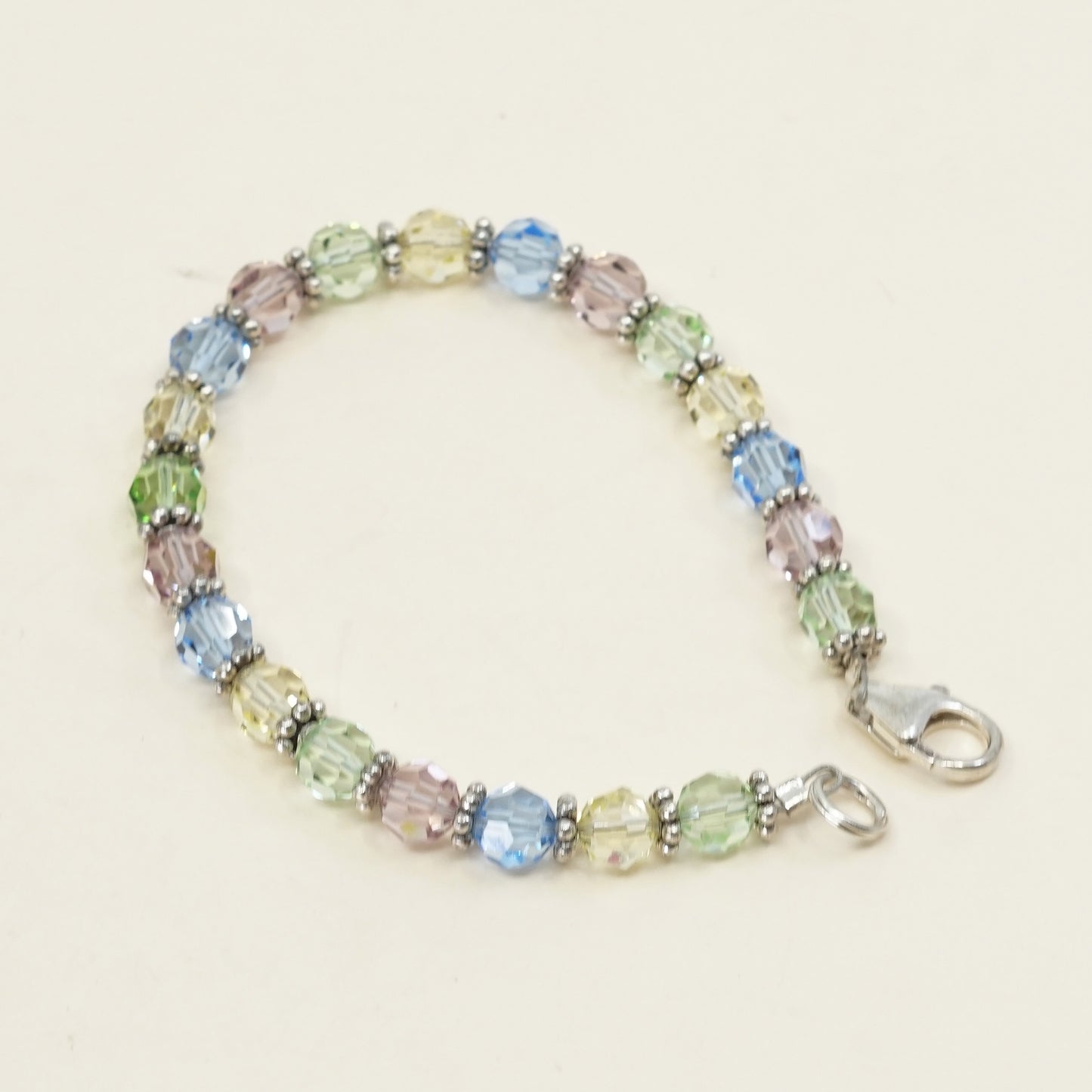 6.5", VTG Sterling silver handmade bracelet, 925 beads W colorful crystal beads