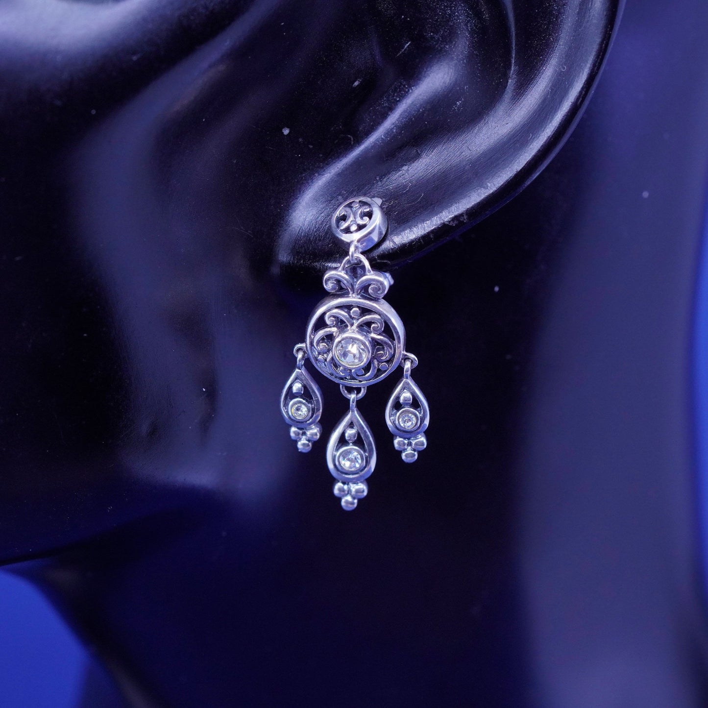 Vintage CNA sterling silver earrings, 925 filigree Bali teardrop drop with Cz