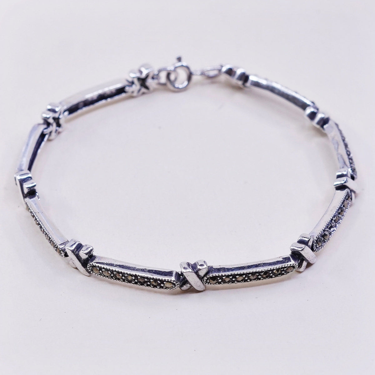 7.5”, VTG sterling silver handmade tennis bracelet, fine 925 w/ marcasite